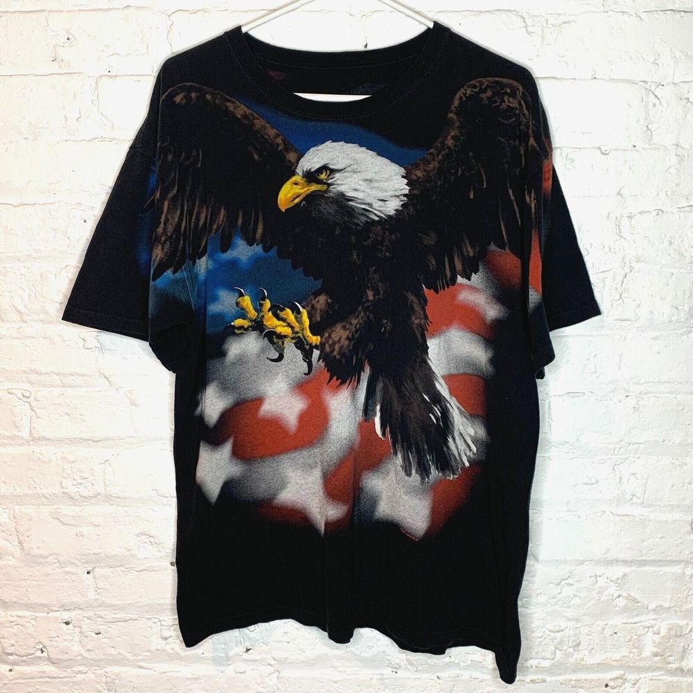 Retro Liquid Blue American Flag Bald Eagle T-Shirt Tee Size L Black USA‎ 2006